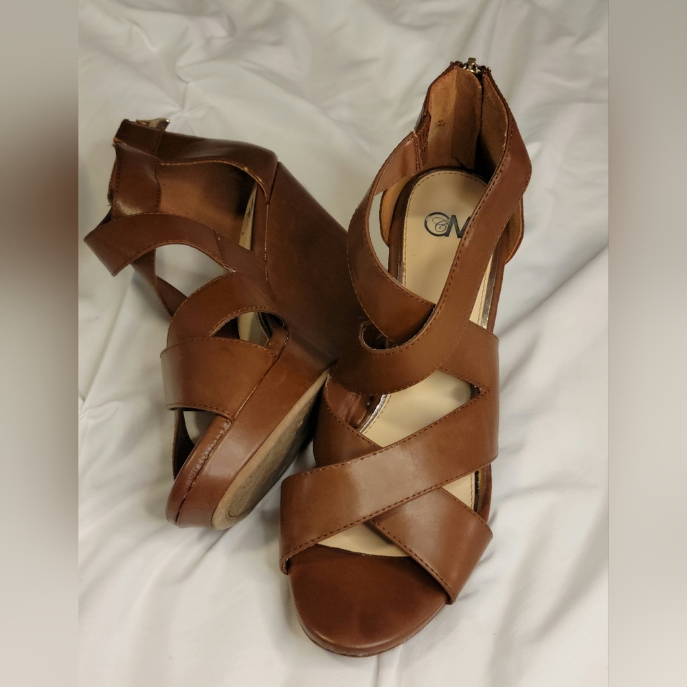 Chelsea Moreland || Brown Wedges || Gold zipper || Size 8.5